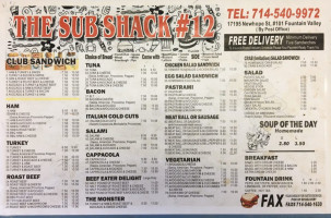 Sub Shack menu