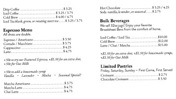 Broadsheet Coffee Roasters menu