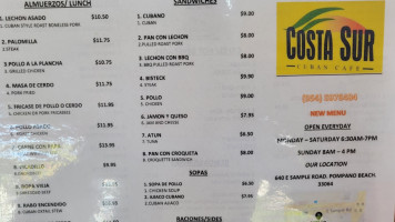 Costa Sur Cuban Cafe menu