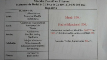 Macska Panzió Étterem menu