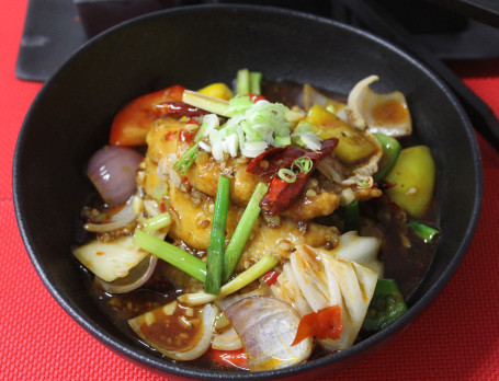 Pan Fried Sichuan Betki, Red Chili, Soya Rice Wine