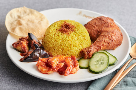 Special Nasi Kunyit With Fried Chicken, Sambal Prawns And Sambal Eggplants