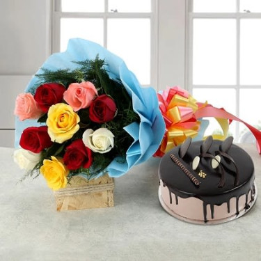 Chocolate Cream Cake With Mix Roses Bouquet