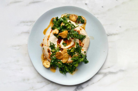 White Bean Mash With Burnt Lemon And Coriander Salsa, Chilli Oil And Crispy Fava