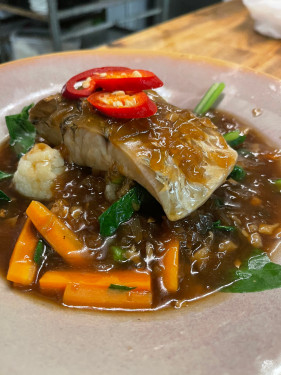 Steamed Barramundi On Top Of Steamed Vegetable With Chef Made Ginger Sauce